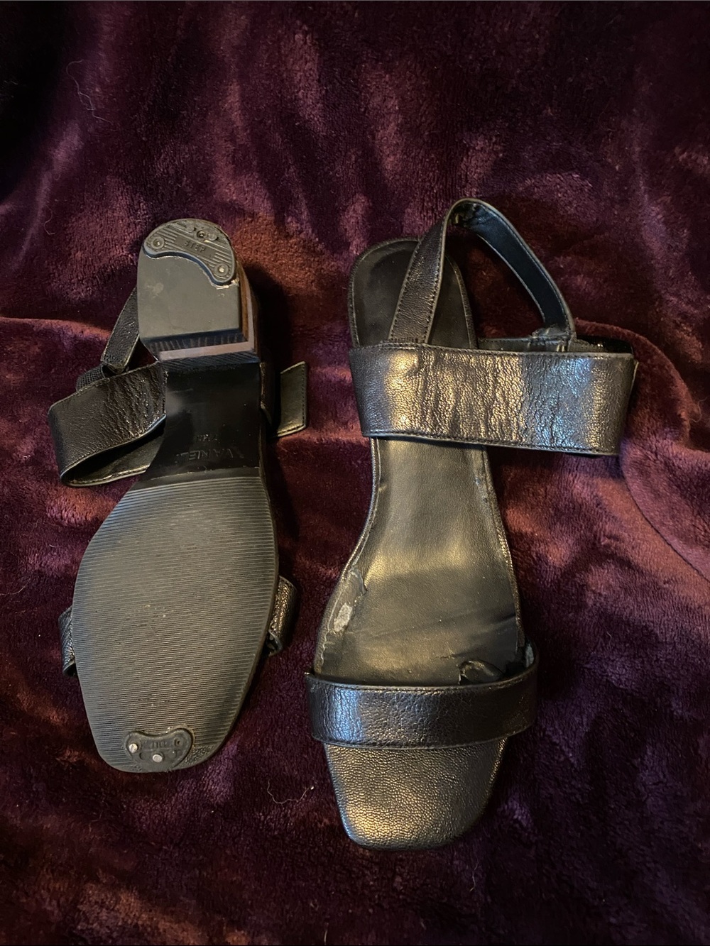Vaneli Black Leather Two-Strap Slingback Sandals